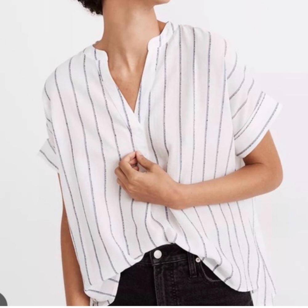 Madewell Lakeline White and Blue Striped Short Sleeve Top, Size XXS